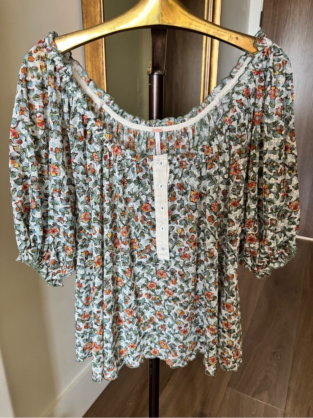 Free People Floral Puff-Sleeve Peasant Top - White/Green/Orange
